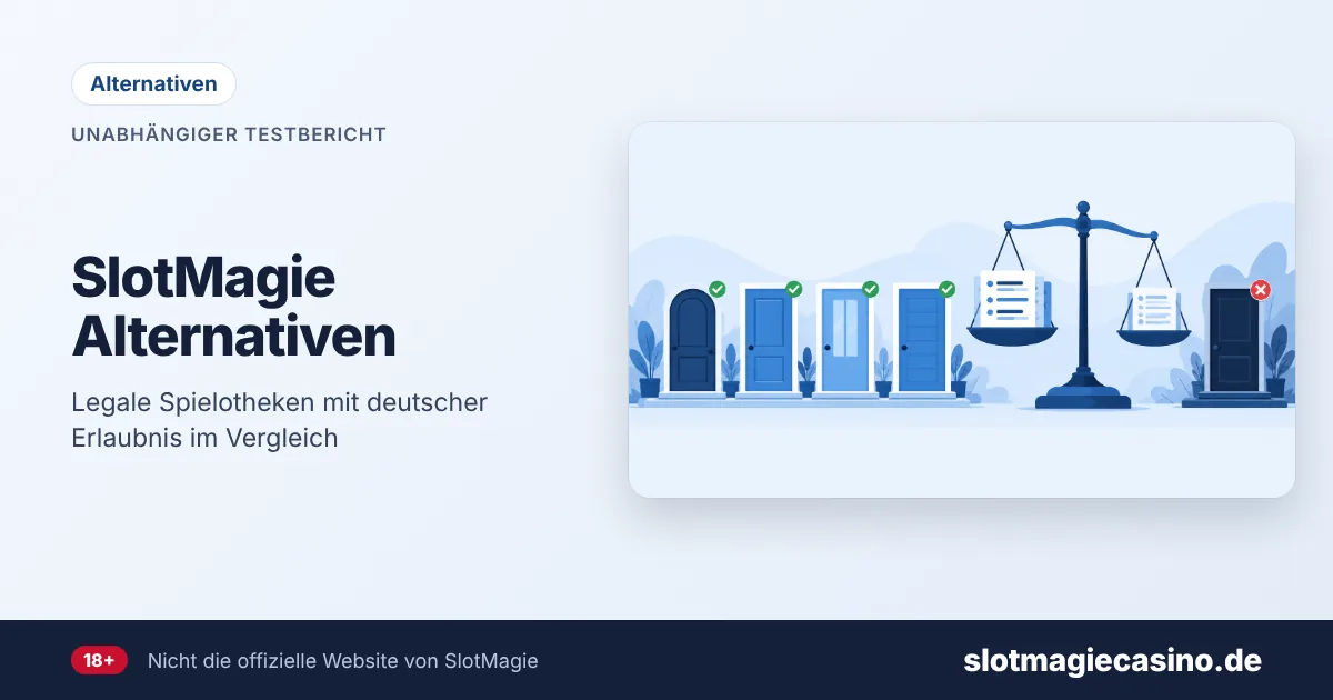 SlotMagie Alternativen – Illustration: vier geprüfte Türen, eine Waage und eine gesperrte Tür