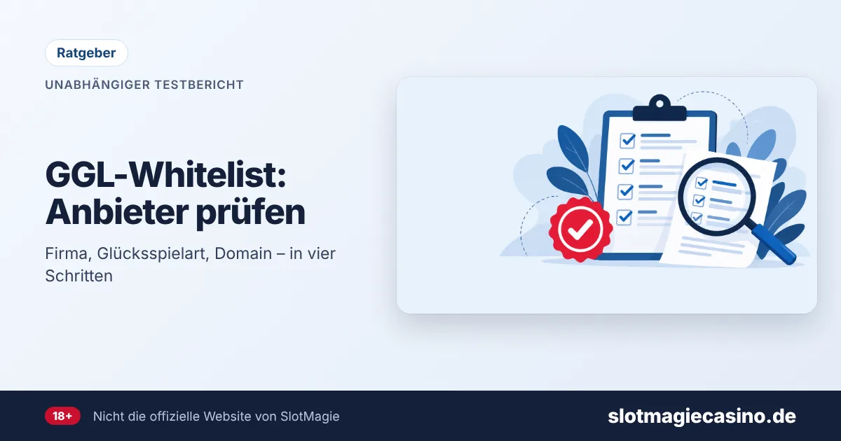 GGL-Whitelist – Illustration: Klemmbrett mit Checkliste, Lupe und Prüfsiegel
