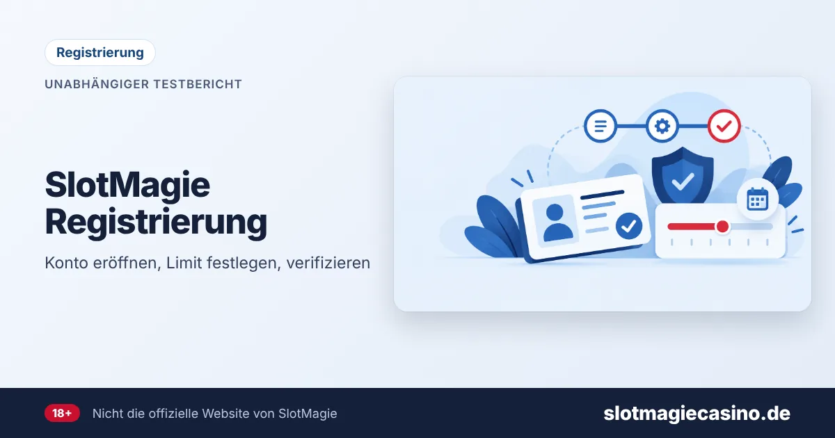 SlotMagie Registrierung – Illustration: Ausweis, Fortschrittsanzeige und Limit-Regler