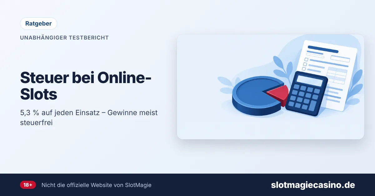 Steuer bei Online-Slots – Illustration: Münze als Tortendiagramm, Taschenrechner und Steuerformular